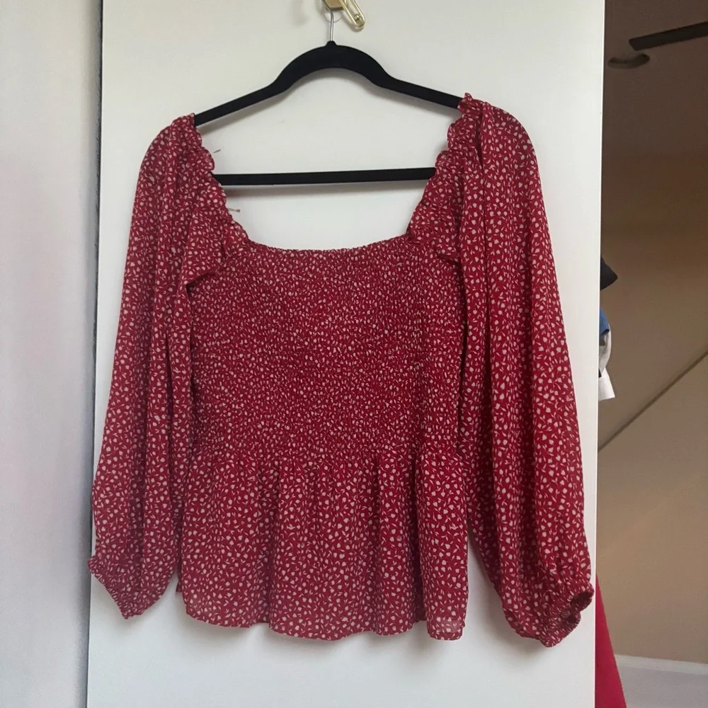 Madewell Red and White Puff Sleeve Smocked Blouse